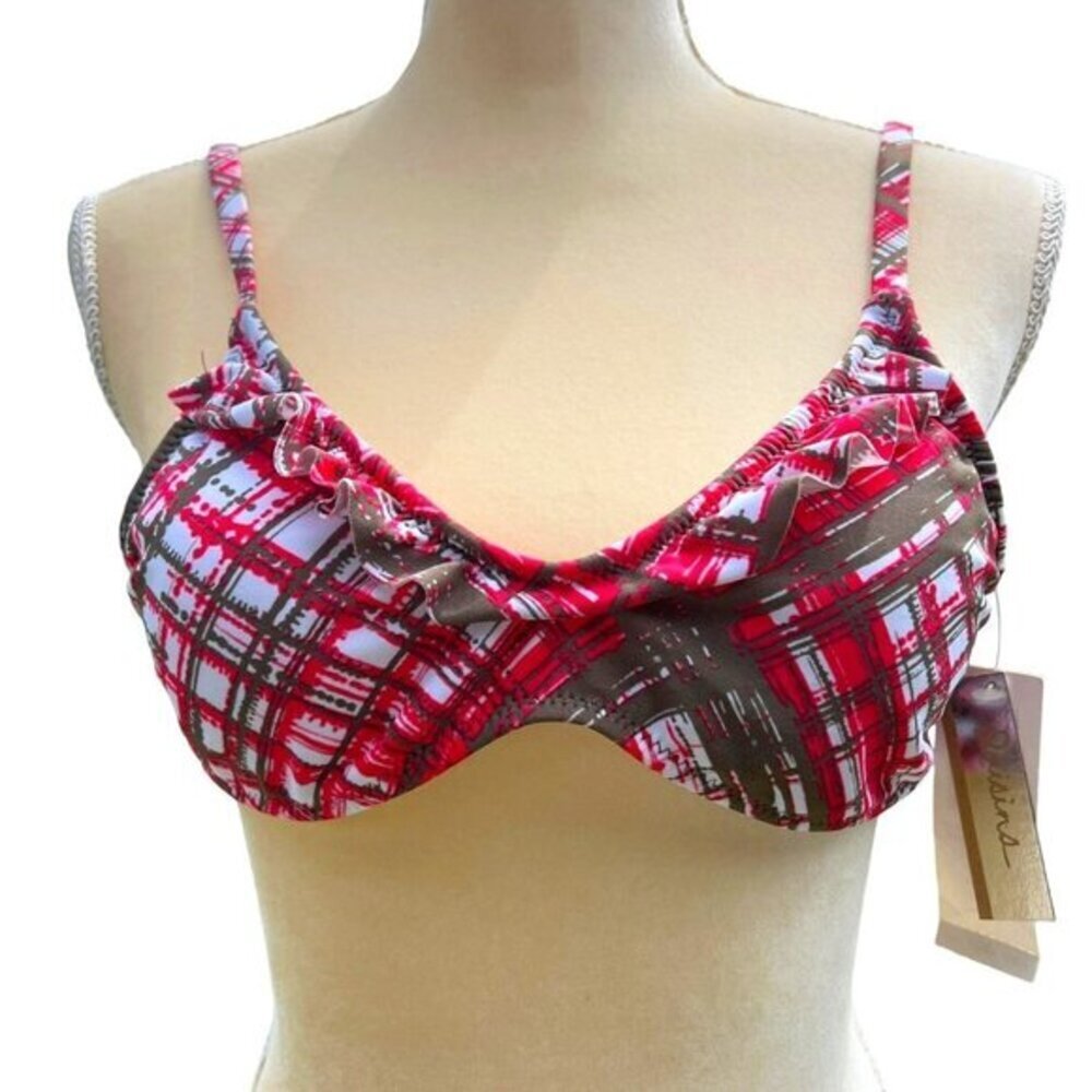 RAISINS Girl's Ruffle Swim Bikini Top Size M Plaid Pink, Brown, White